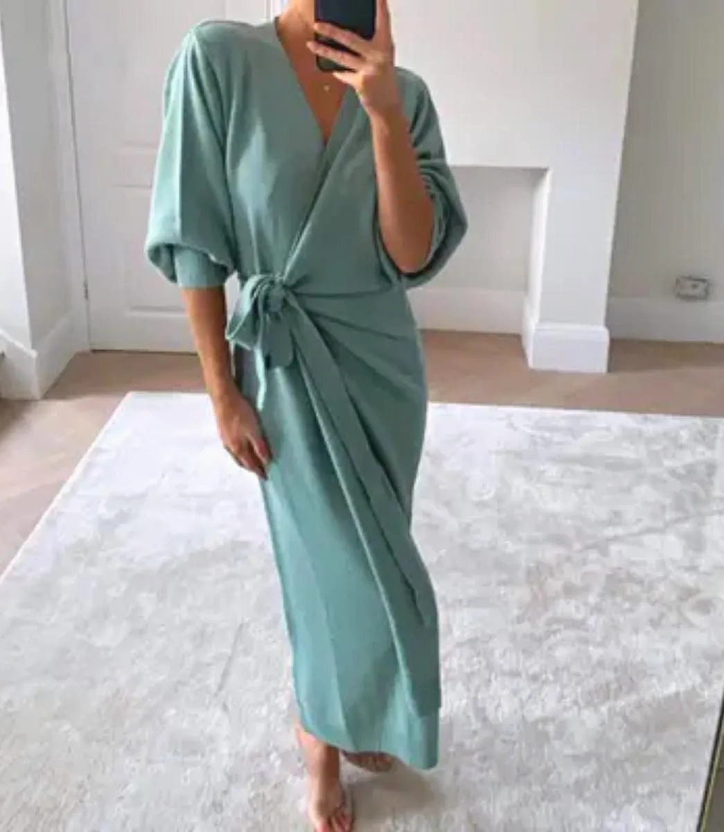 Luexco Long Knitted Wrap Robe Dress Oversize Elegance Day Dress Sexy V Neck