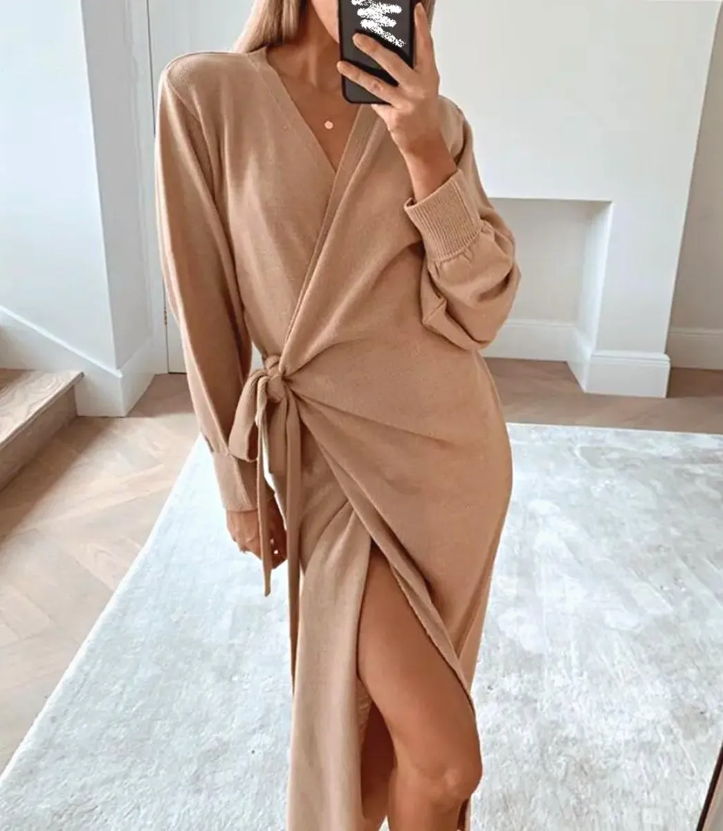 Luexco Long Knitted Wrap Robe Dress Oversize Elegance Day Dress Sexy V Neck