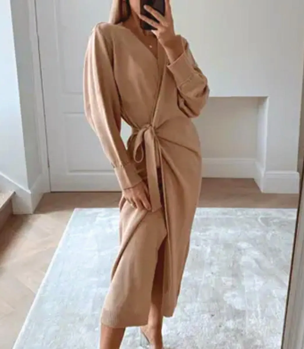 Luexco Long Knitted Wrap Robe Dress Oversize Elegance Day Dress Sexy V Neck