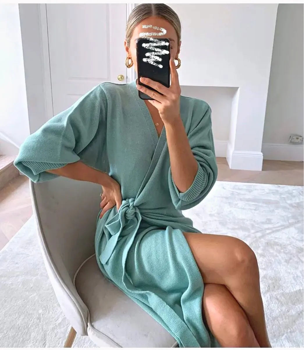 Luexco Long Knitted Wrap Robe Dress Oversize Elegance Day Dress Sexy V Neck