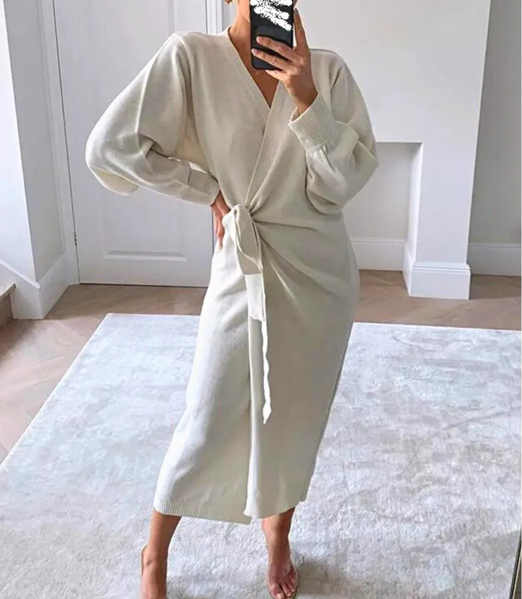 Luexco Long Knitted Wrap Robe Dress Oversize Elegance Day Dress Sexy V Neck