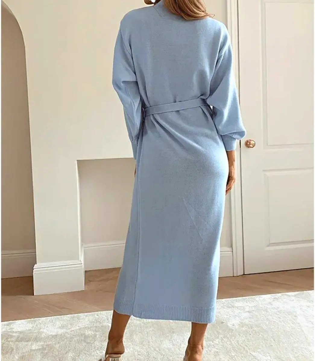 Luexco Long Knitted Wrap Robe Dress Oversize Elegance Day Dress Sexy V Neck