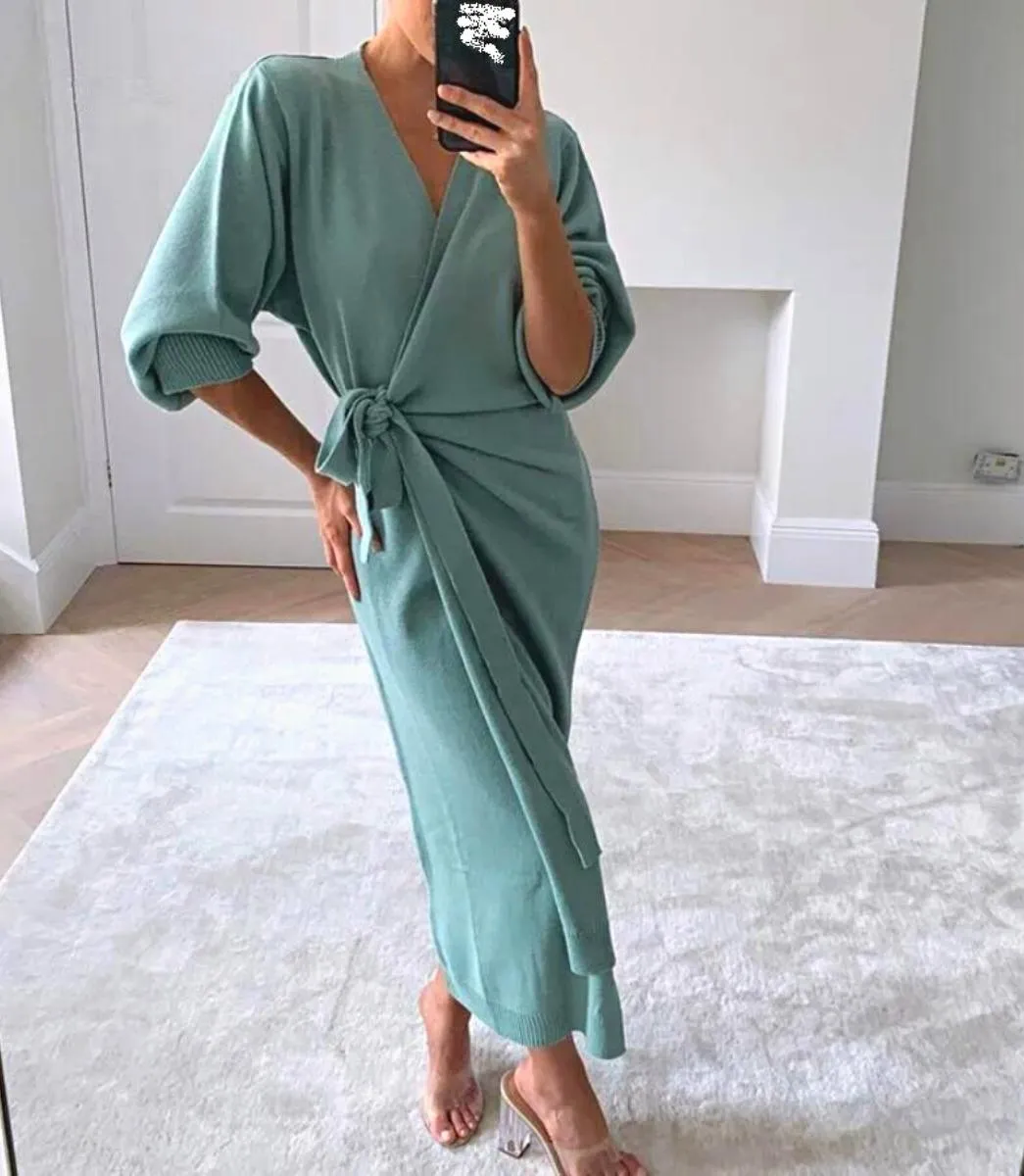 Luexco Long Knitted Wrap Robe Dress Oversize Elegance Day Dress Sexy V Neck