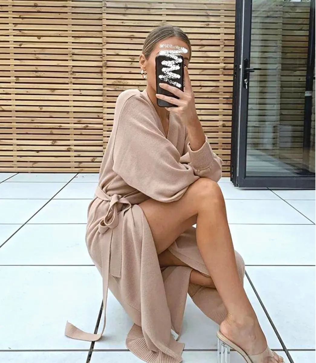 Luexco Long Knitted Wrap Robe Dress Oversize Elegance Day Dress Sexy V Neck