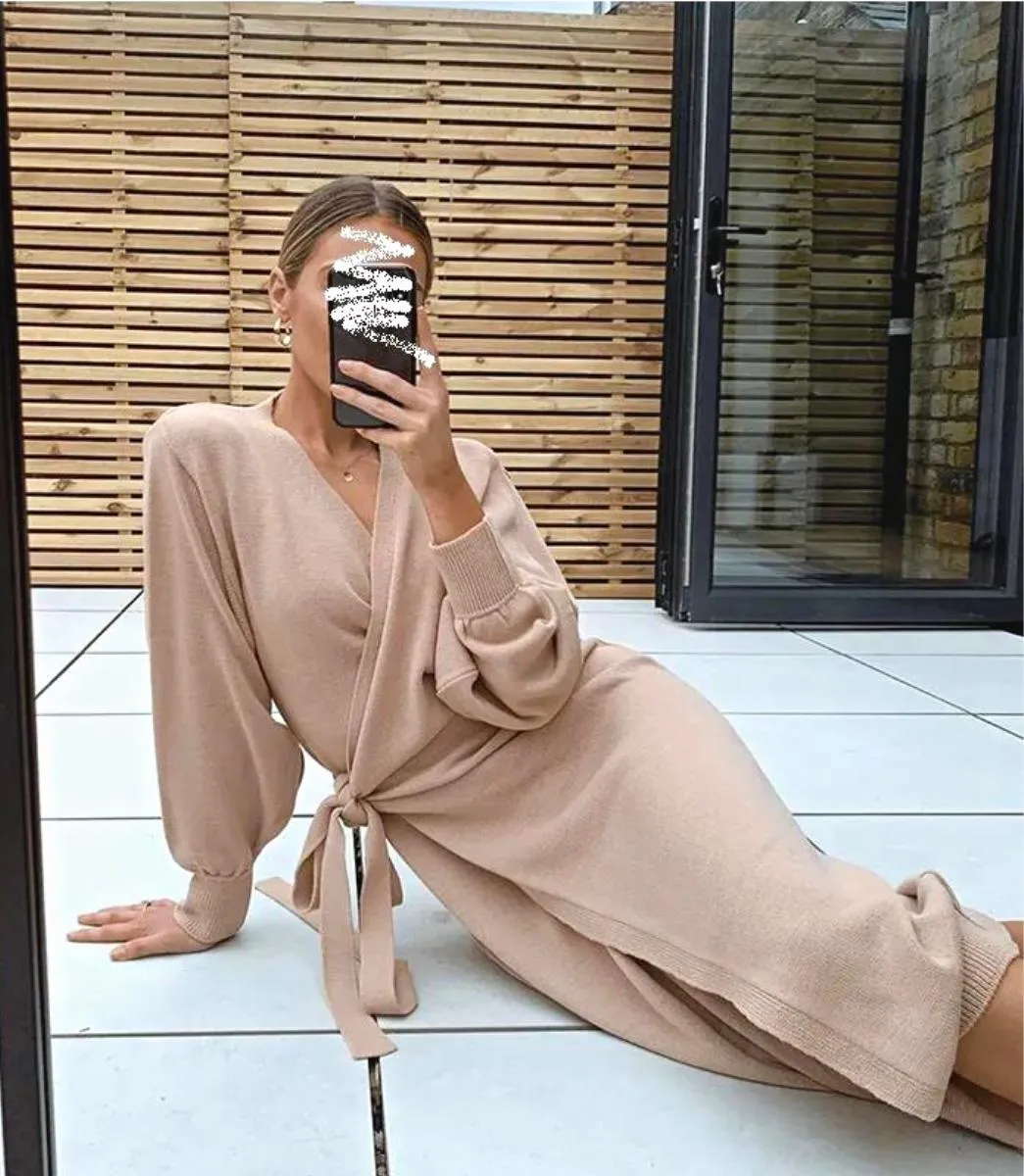 Luexco Long Knitted Wrap Robe Dress Oversize Elegance Day Dress Sexy V Neck