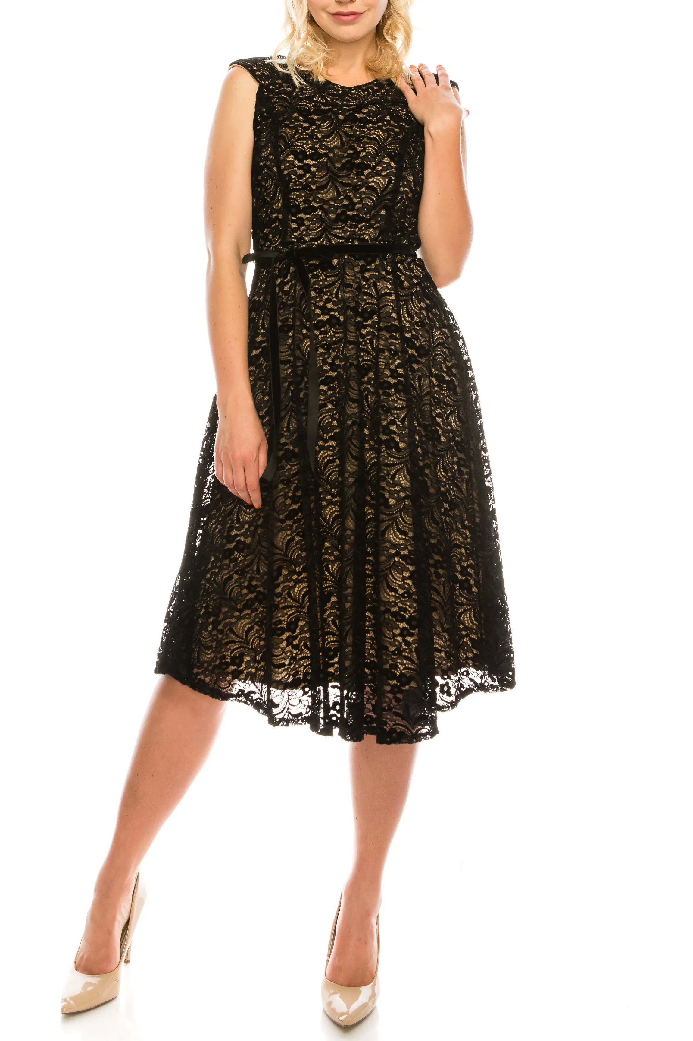 Maison Tara Black Nude Velvet Lace A-Line Dress