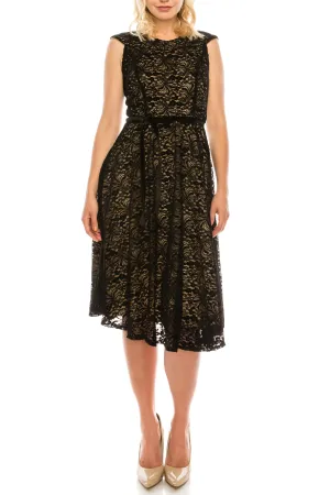 Maison Tara Black Nude Velvet Lace A-Line Dress