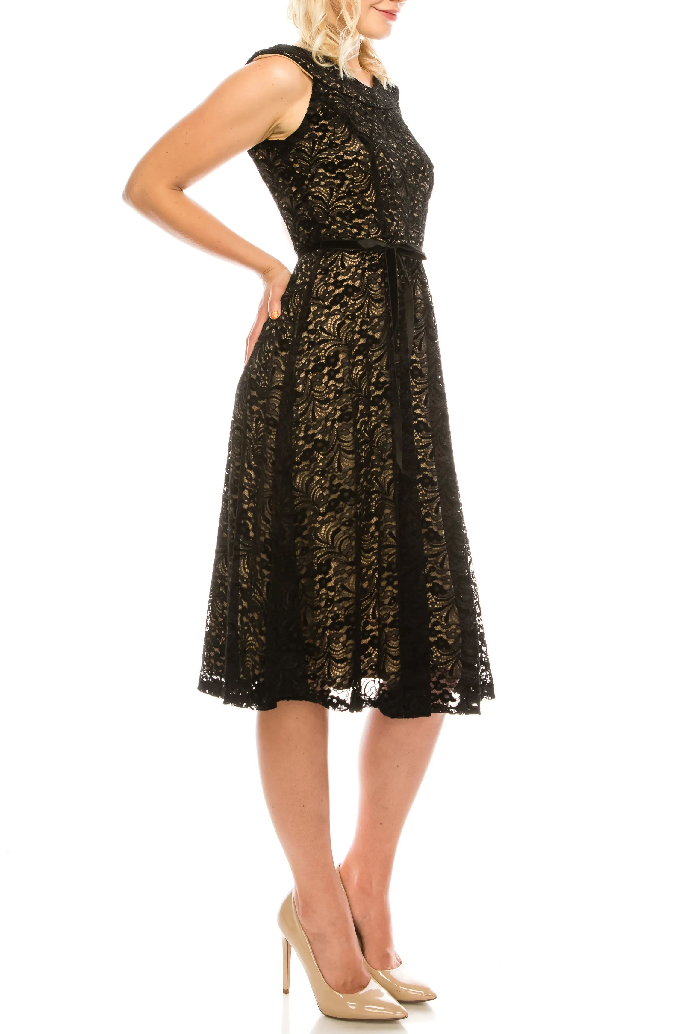 Maison Tara Black Nude Velvet Lace A-Line Dress