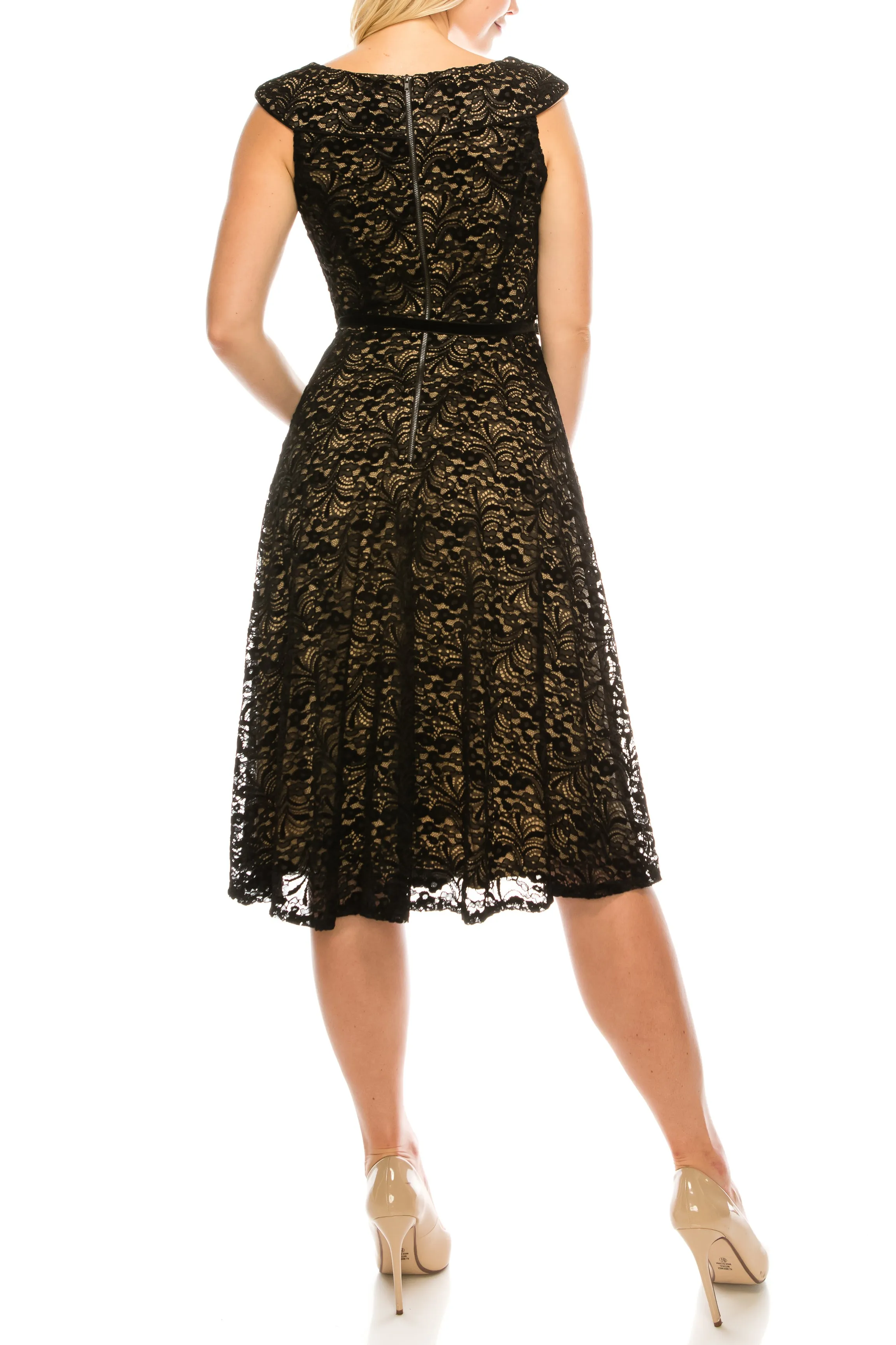 Maison Tara Black Nude Velvet Lace A-Line Dress