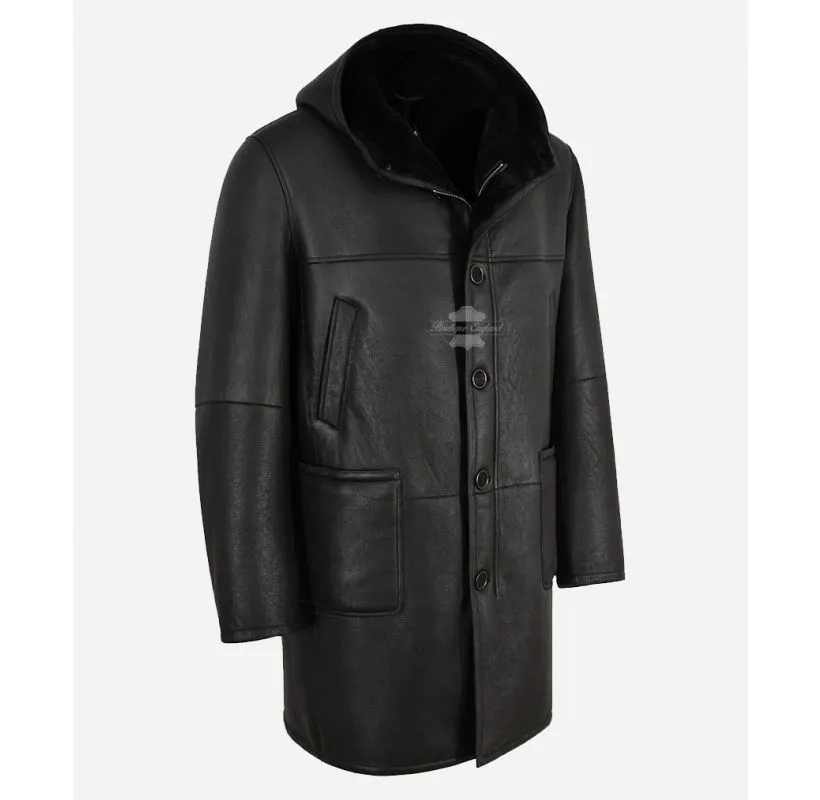 MARCUS SHEEPSKIN PARKA MEN'S Black SHEARLING SHEEPSKIN HOODED PARKA JACKET