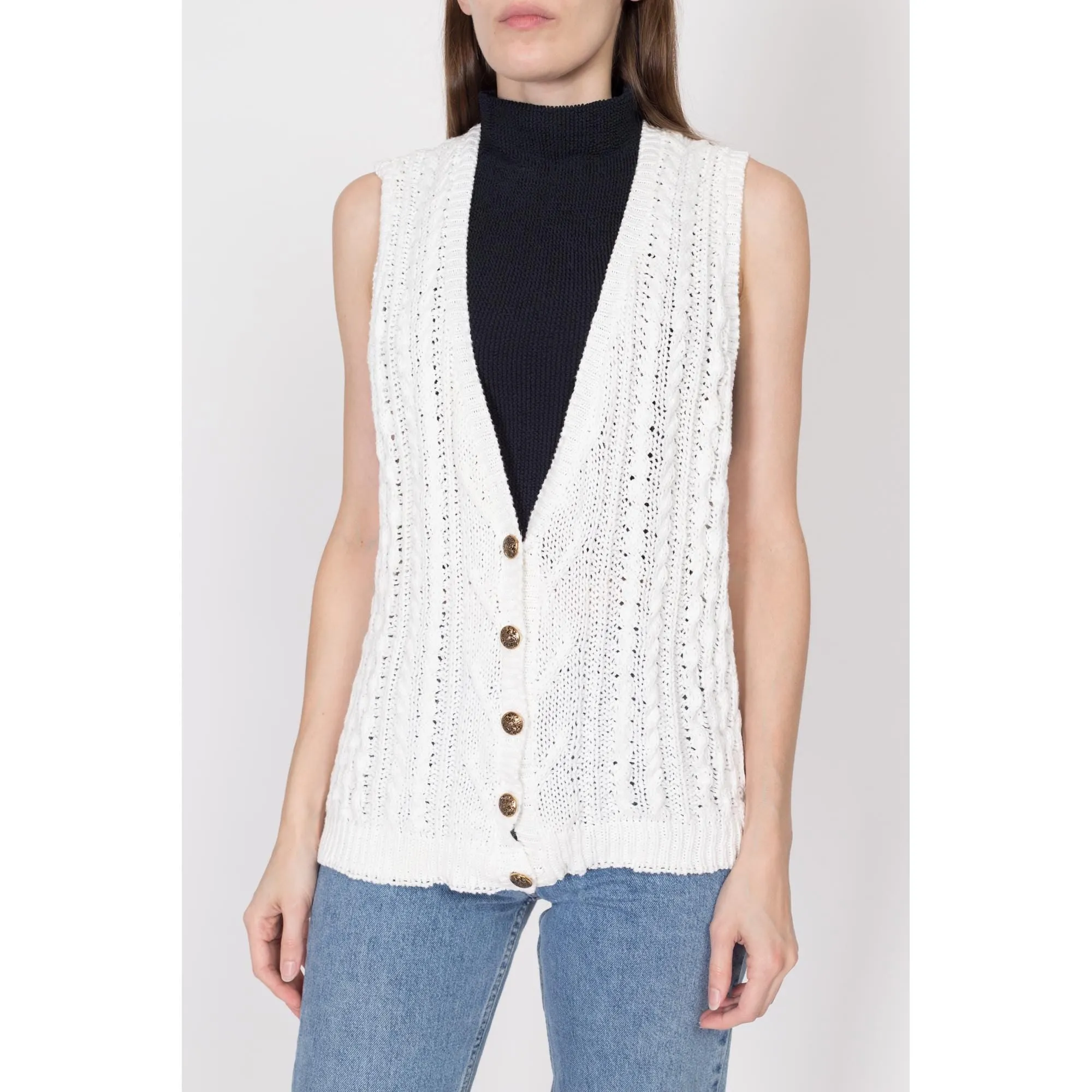 Medium 80s White Cotton Cable Knit Sweater Vest