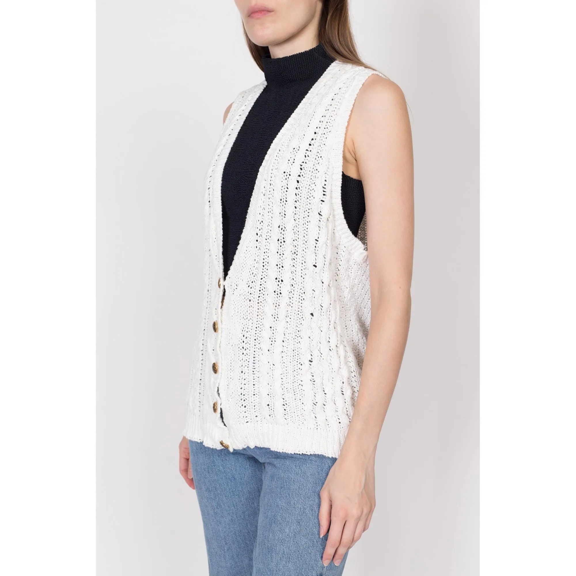 Medium 80s White Cotton Cable Knit Sweater Vest