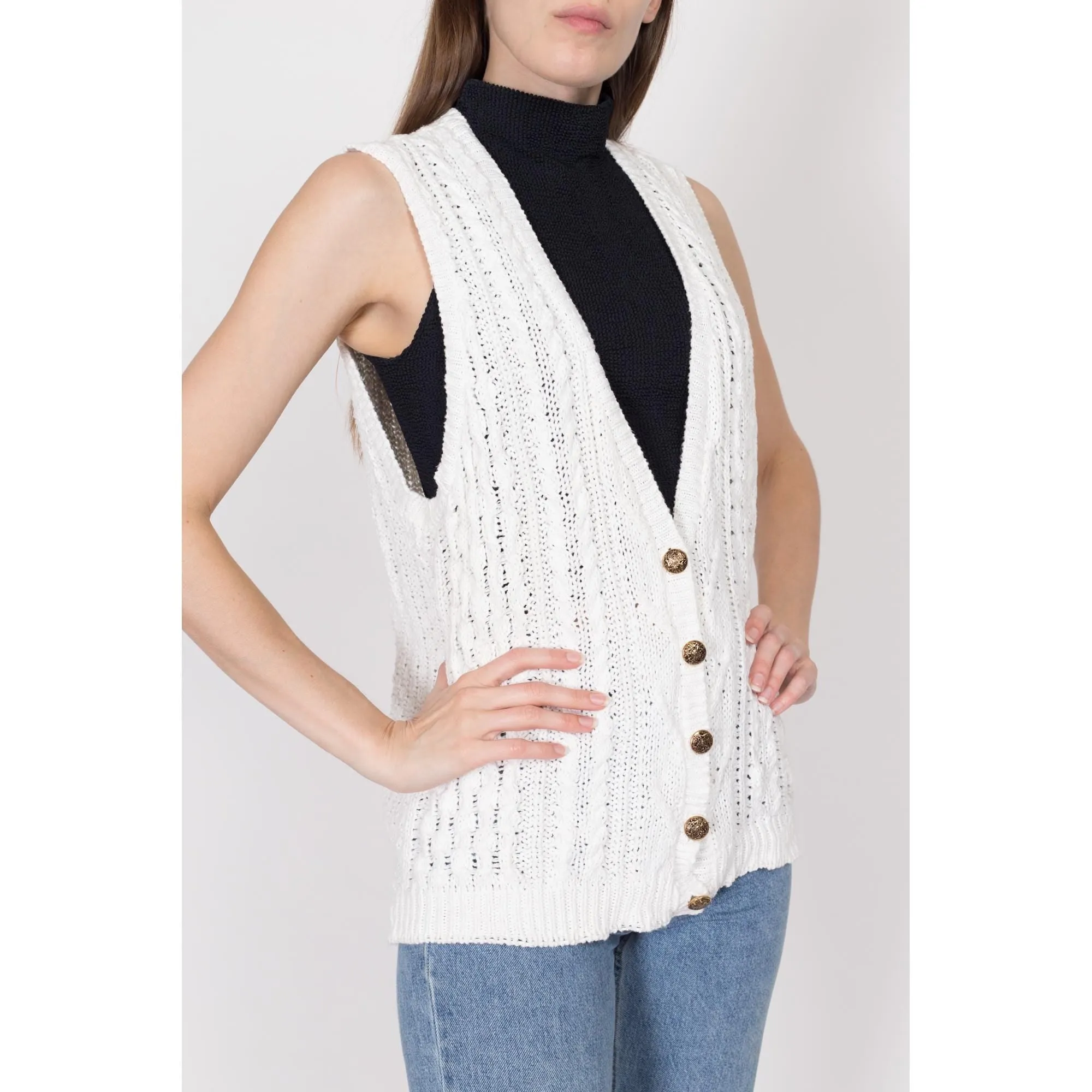 Medium 80s White Cotton Cable Knit Sweater Vest