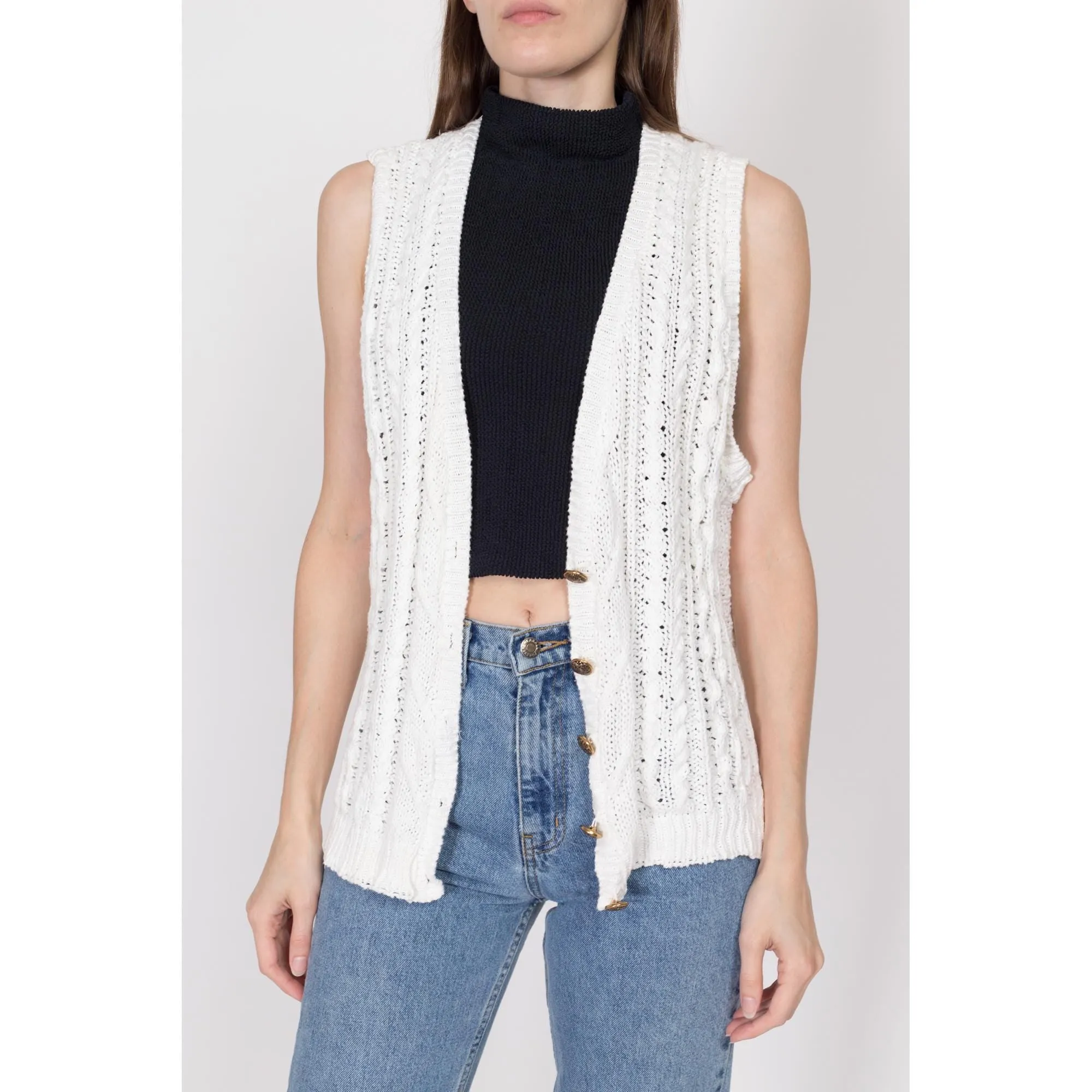 Medium 80s White Cotton Cable Knit Sweater Vest