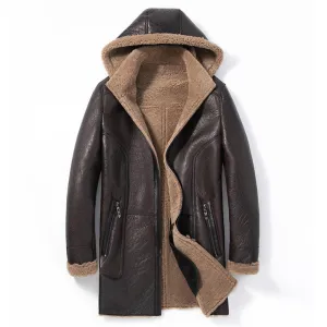 Men's Shearling Sheepskin Hooded Parka Winter Coat