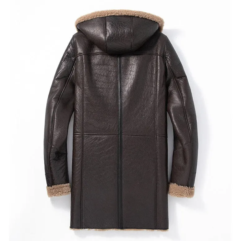 Men's Shearling Sheepskin Hooded Parka Winter Coat