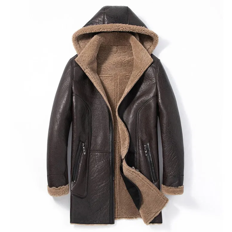 Men's Shearling Sheepskin Hooded Parka Winter Coat