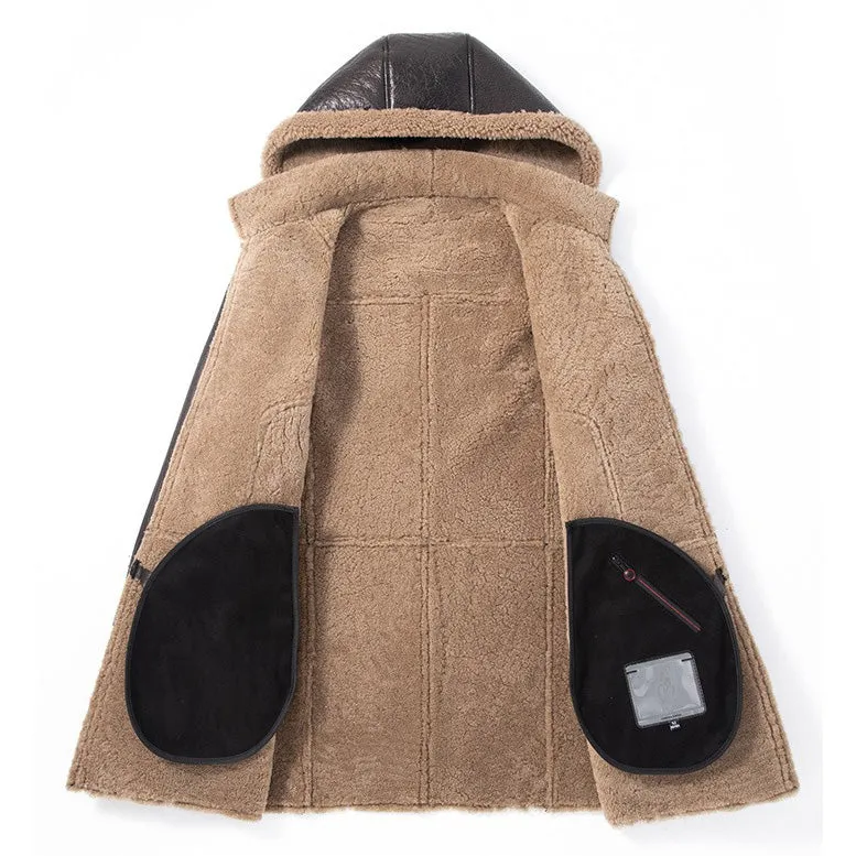 Men's Shearling Sheepskin Hooded Parka Winter Coat