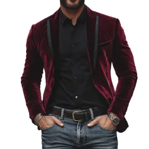 Men's Vintage Velvet Leather Patchwork Peaked Lapel Slim Fit Blazer 47212387M