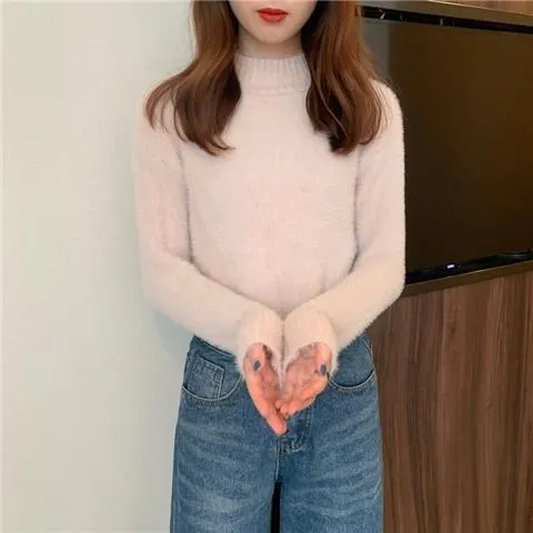 METAVERSMALL New imitation mink velvet semi-turtleneck gentle soft waxy sweater 2023 autumn and winter Korean version loose inside knitted sweater women