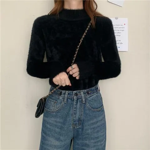 METAVERSMALL New imitation mink velvet semi-turtleneck gentle soft waxy sweater 2023 autumn and winter Korean version loose inside knitted sweater women