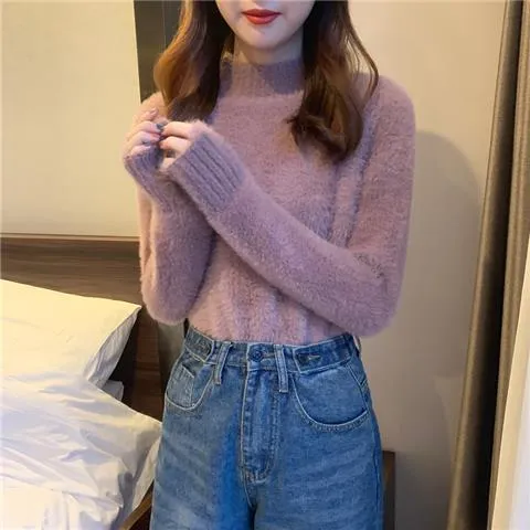 METAVERSMALL New imitation mink velvet semi-turtleneck gentle soft waxy sweater 2023 autumn and winter Korean version loose inside knitted sweater women