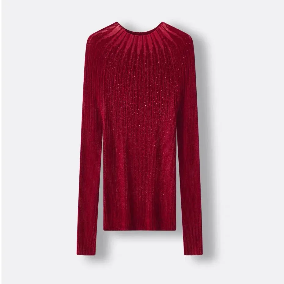 New Year European Clothes Red Velvet Sweater Women Turtleneck Rhinestone Slim Knit Top Long Sleeve Pullovers C-298