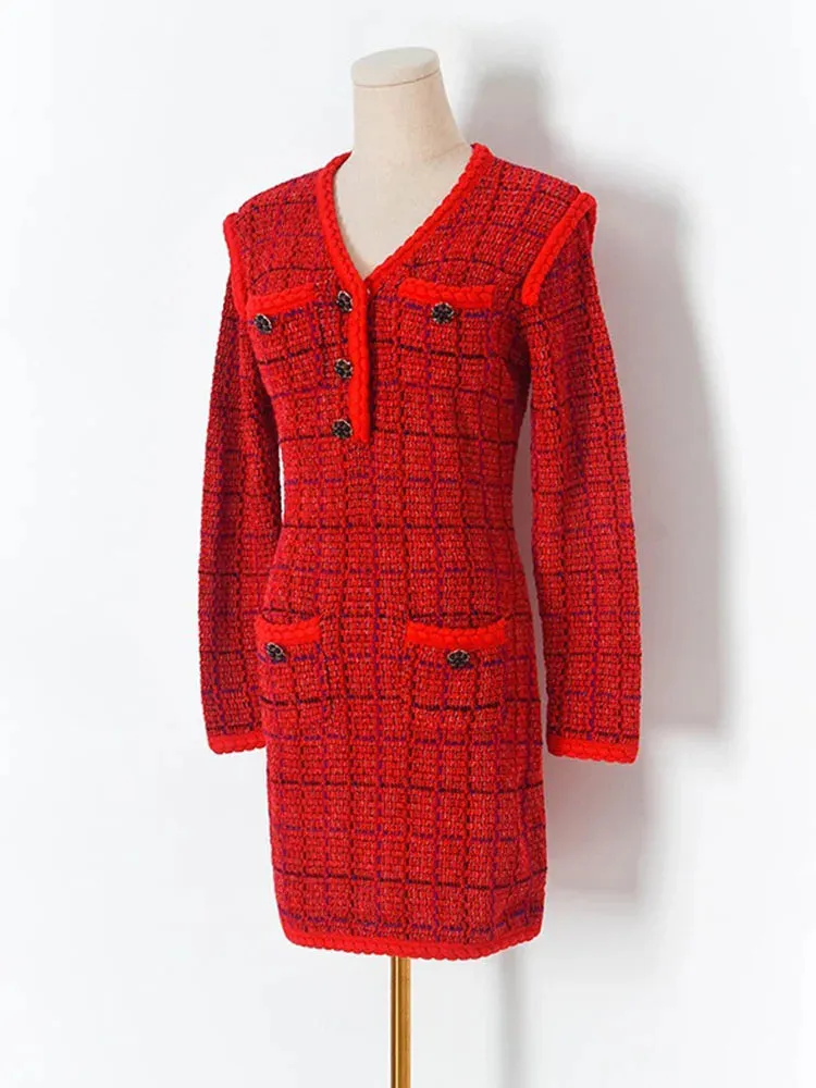 New Year Women's Plaid Red Dress V-neck Comfortable Knitted Casual Office Ladies Button Mini Dress C-221