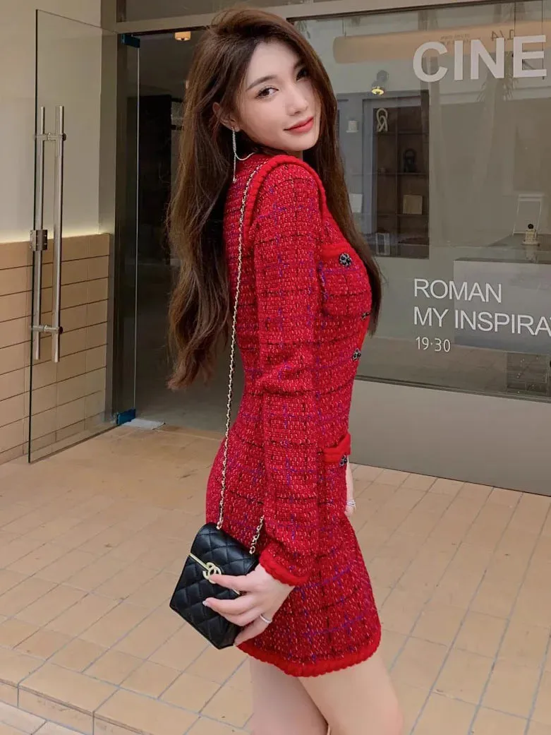 New Year Women's Plaid Red Dress V-neck Comfortable Knitted Casual Office Ladies Button Mini Dress C-221