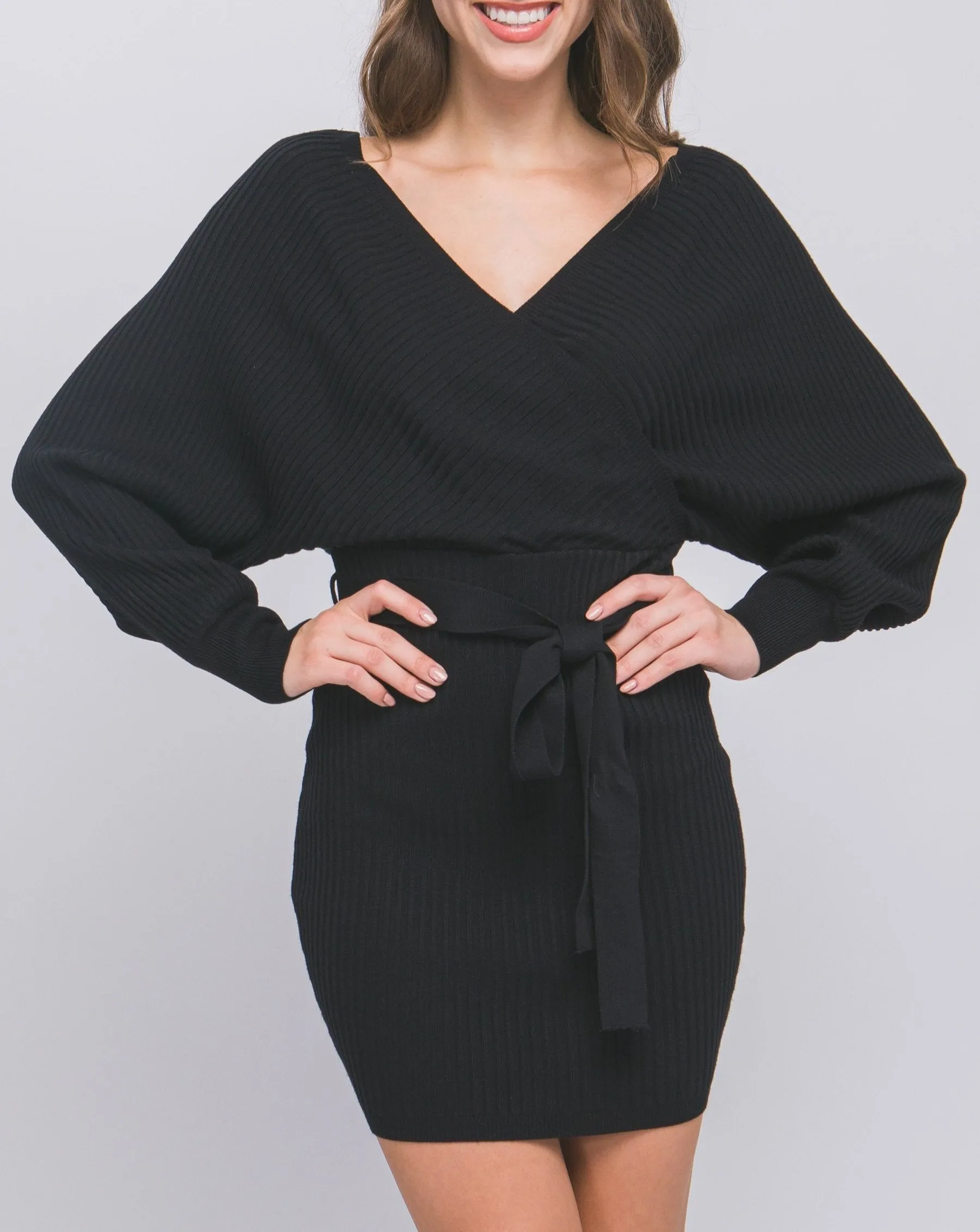 Off Shoulder Wrap Belted Ribbed Knit Dress