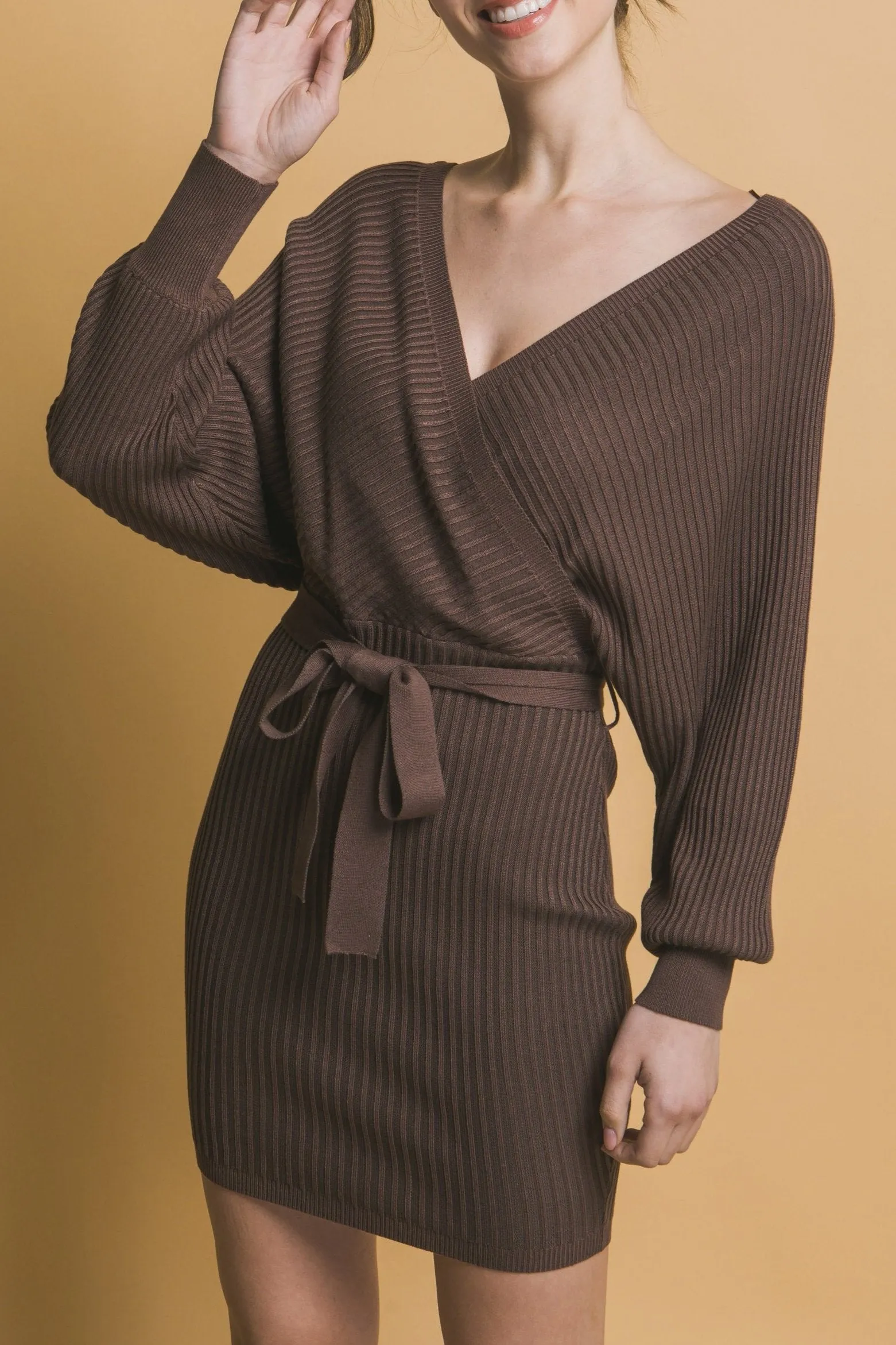 Off Shoulder Wrap Belted Ribbed Knit Dress