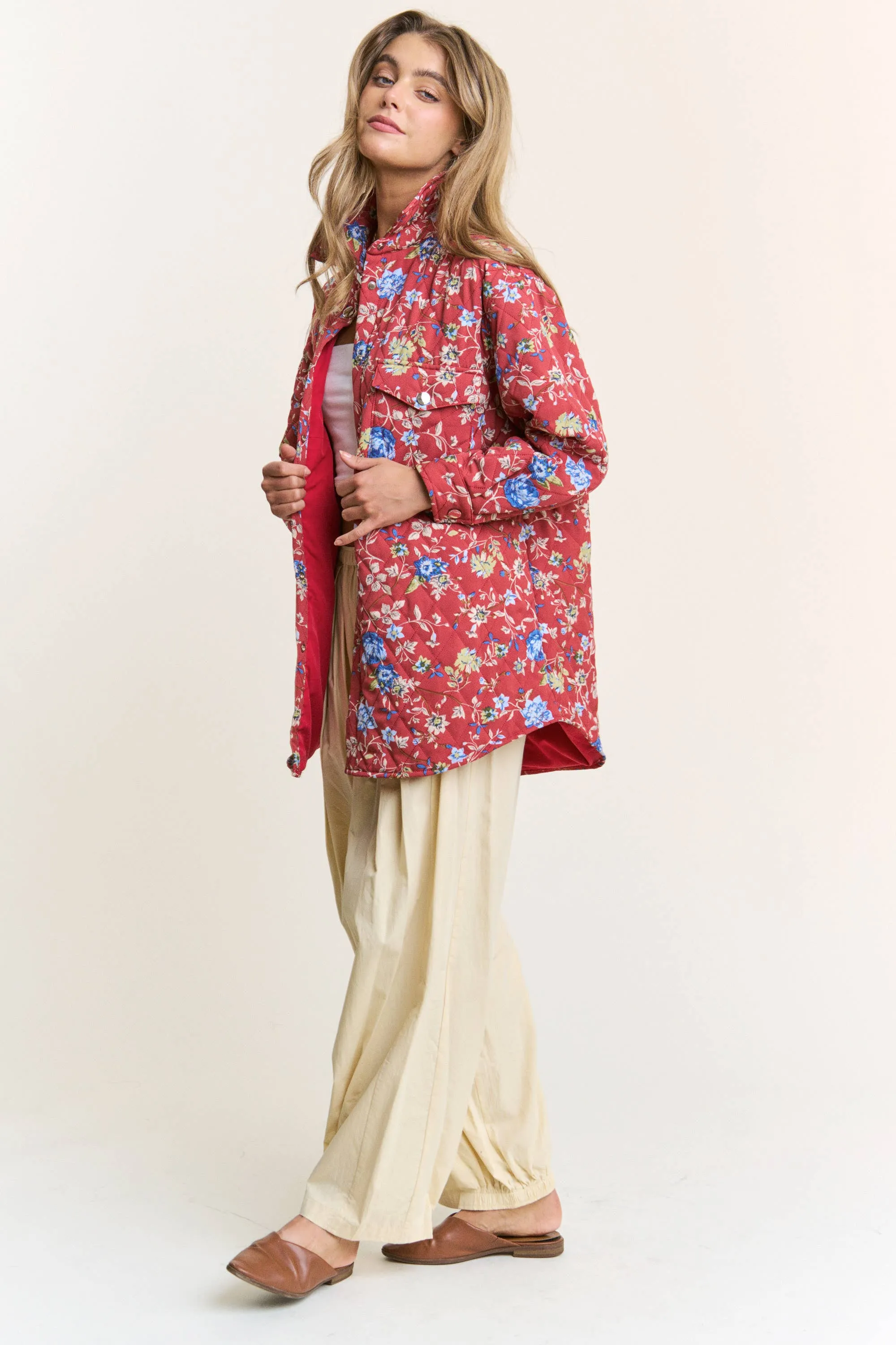 Oversized Floral Quilted Oversize Button Down Jacket