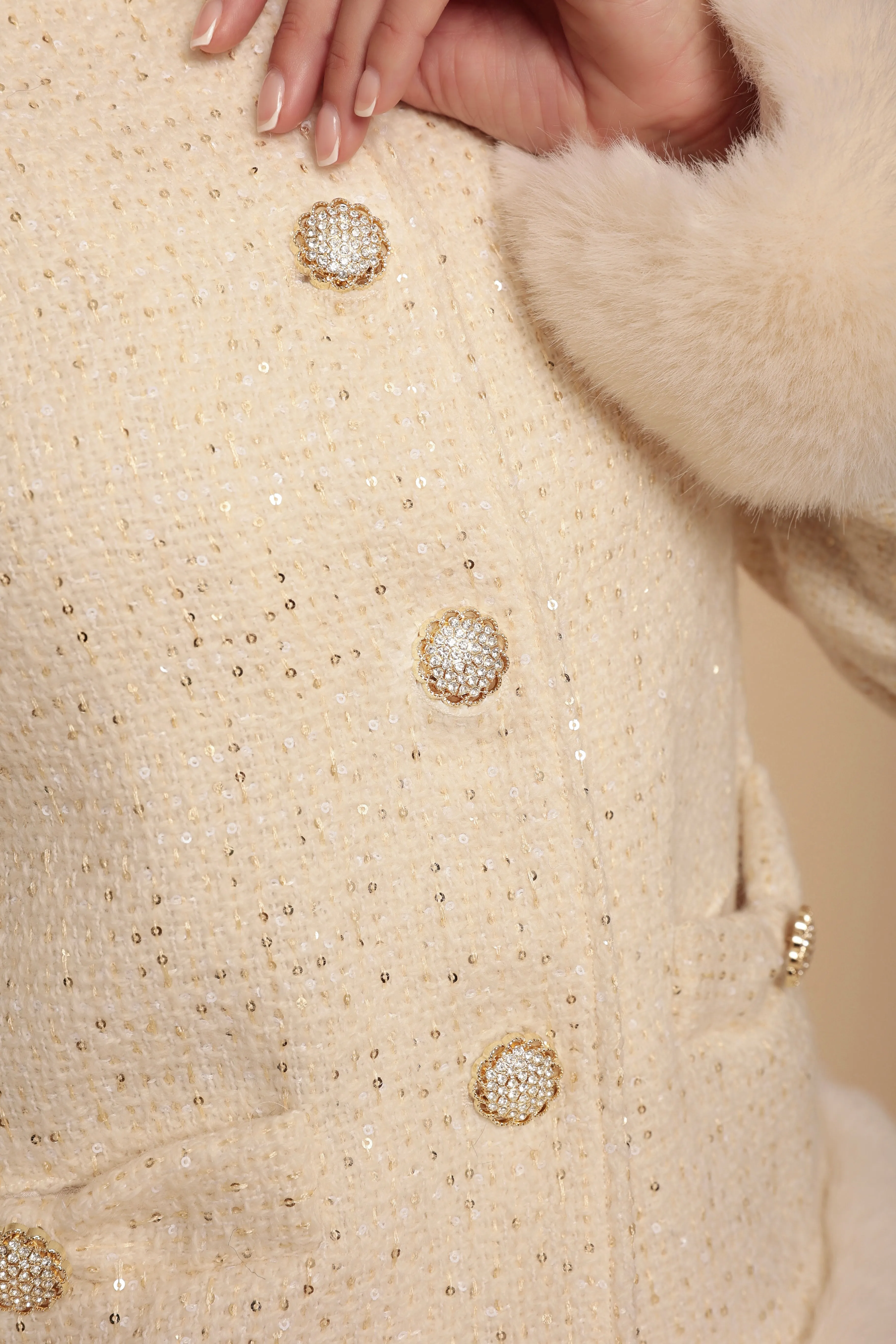 'Parisienne' Wool Tweed Blazer Coat with Faux Fur in Crema