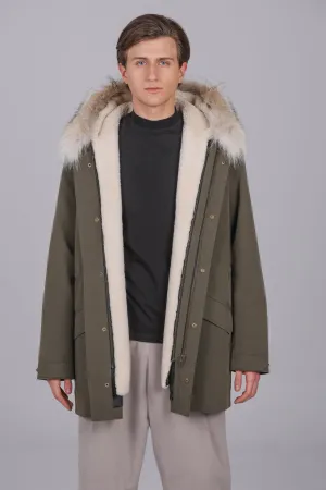 Parka Lungo in misto cotone impermeabile Coyote e shearling