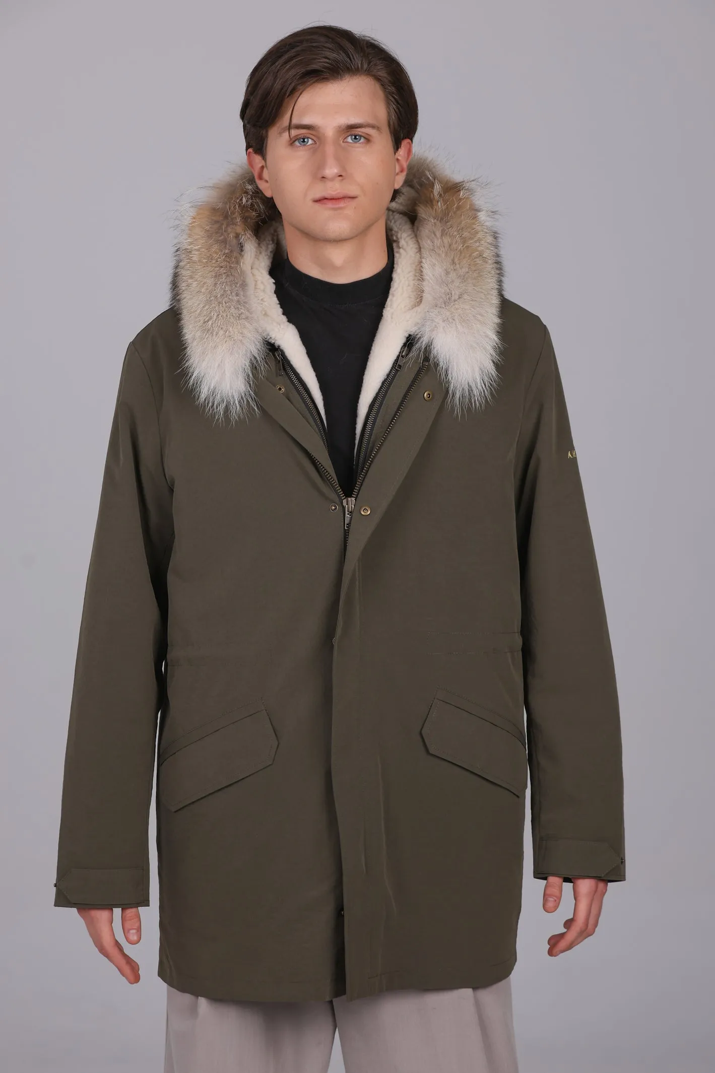 Parka Lungo in misto cotone impermeabile Coyote e shearling