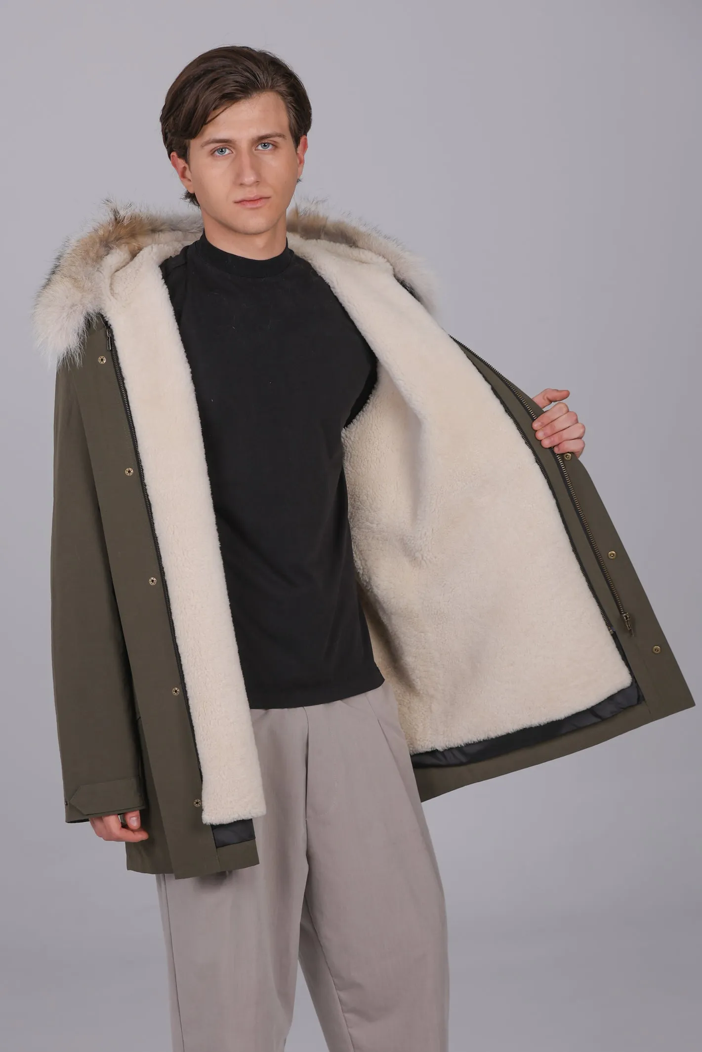 Parka Lungo in misto cotone impermeabile Coyote e shearling