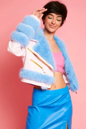 Pink Blue Faux Leather Faux Fur Biker Jacket