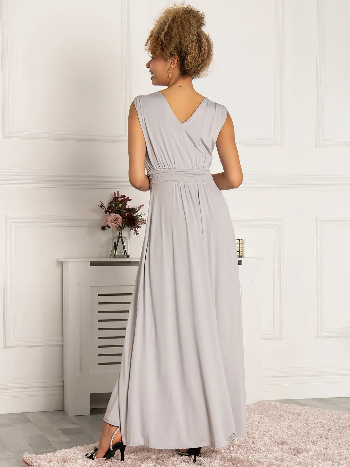 Plunge V Neck Draped Maxi Dress, Silver Grey