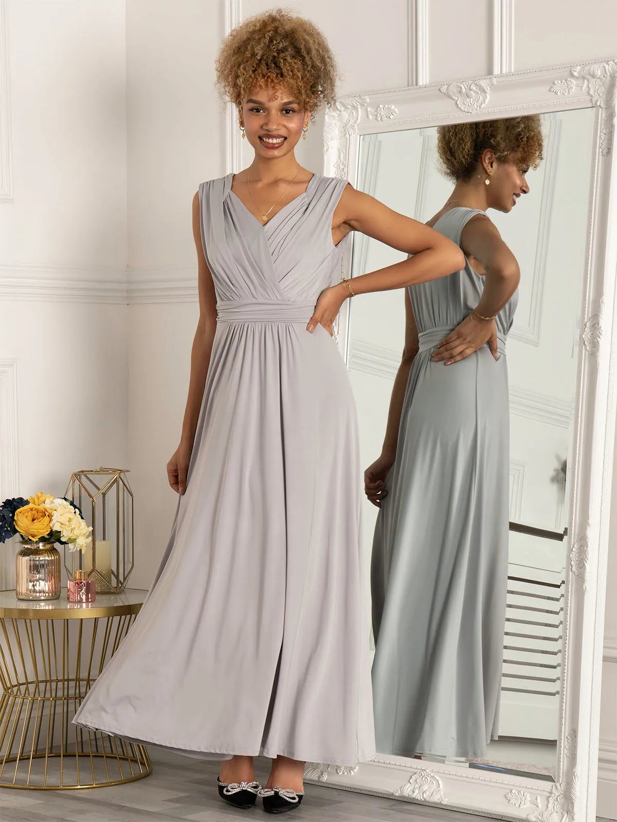 Plunge V Neck Draped Maxi Dress, Silver Grey