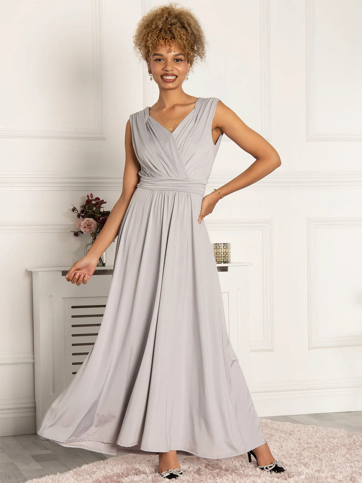 Plunge V Neck Draped Maxi Dress, Silver Grey