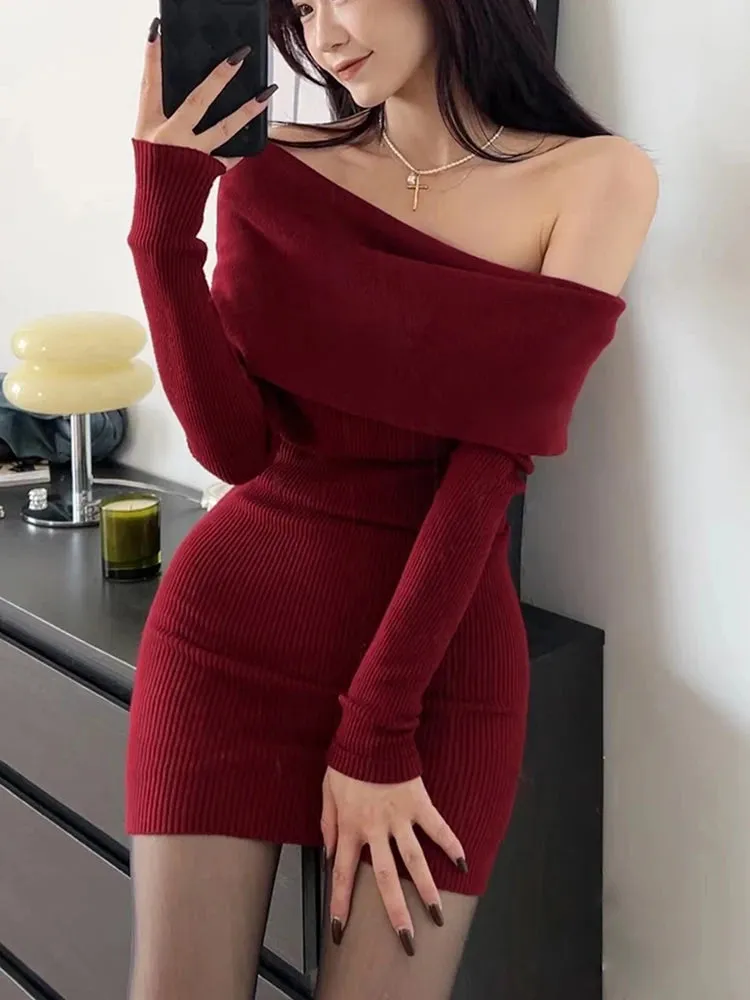 Pure Color Elegant Knitted Dress Woman Bodycon Slim Y2K Mini Dress Casual Party Korean Fashion Long Sleeve 2023 Winter C-260