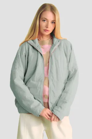 Quilted Zip-Up Dropped Shoulder Jacket Grey Blue