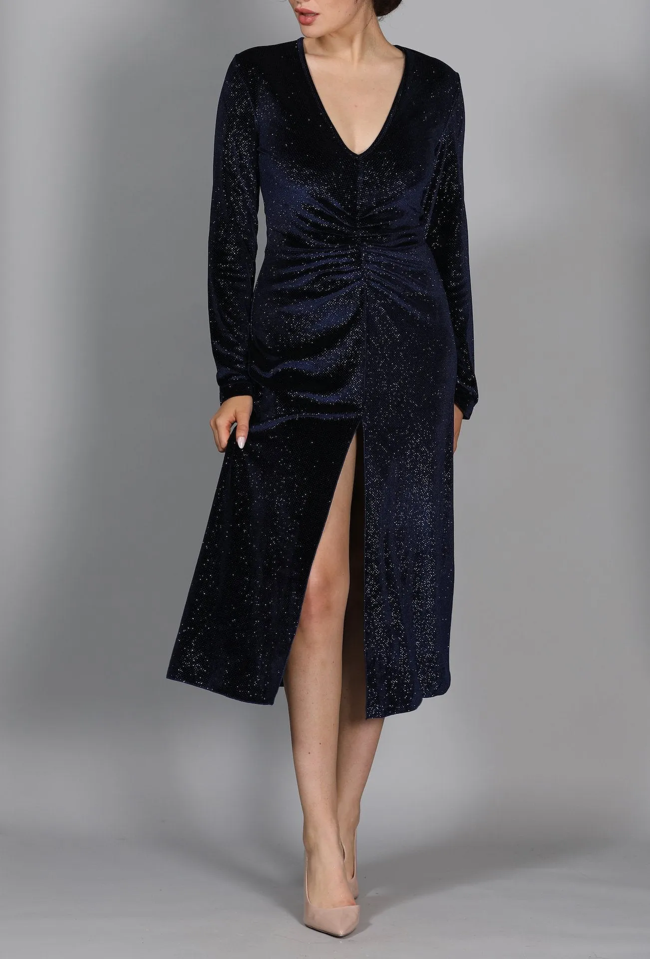 Ruched Glittered Velvet Midi Dress