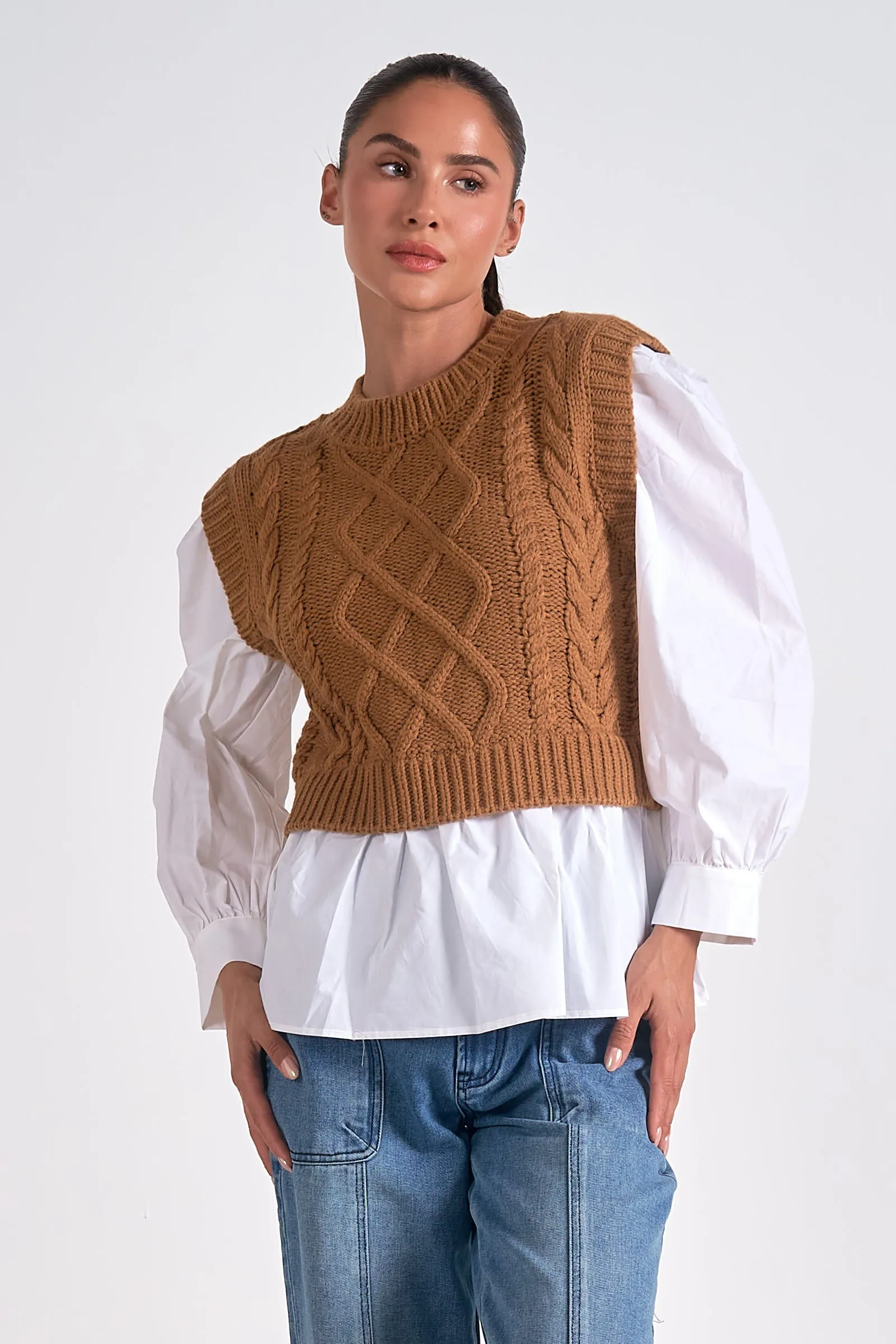 Ryan Twofer Cable Sweater Vest Top