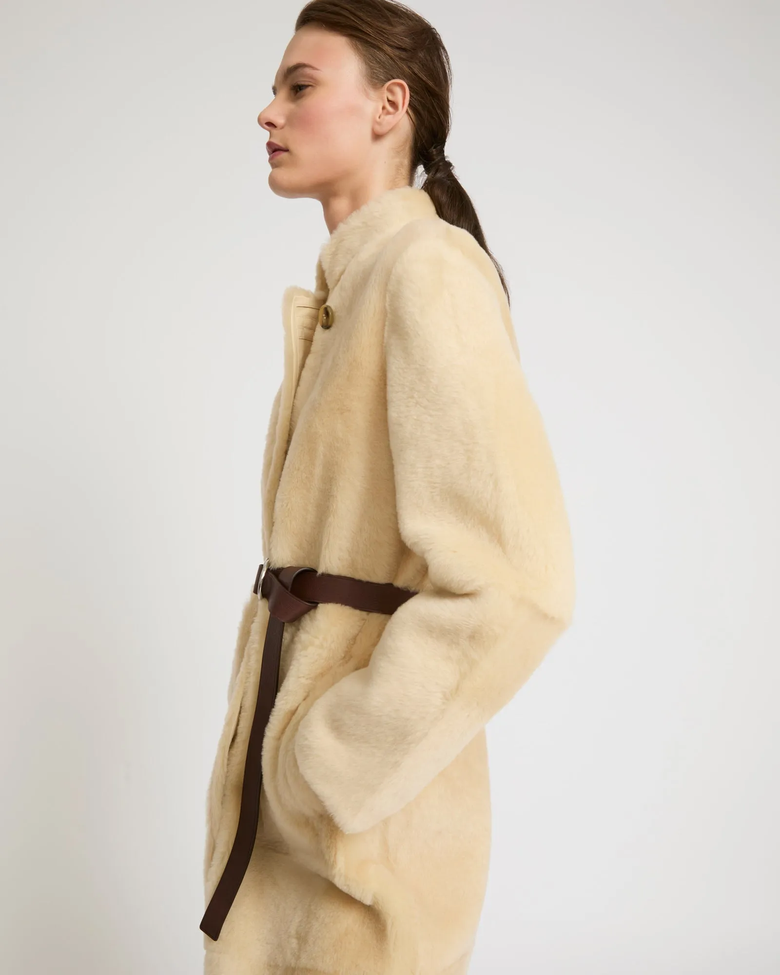 Straight belted shearling coat