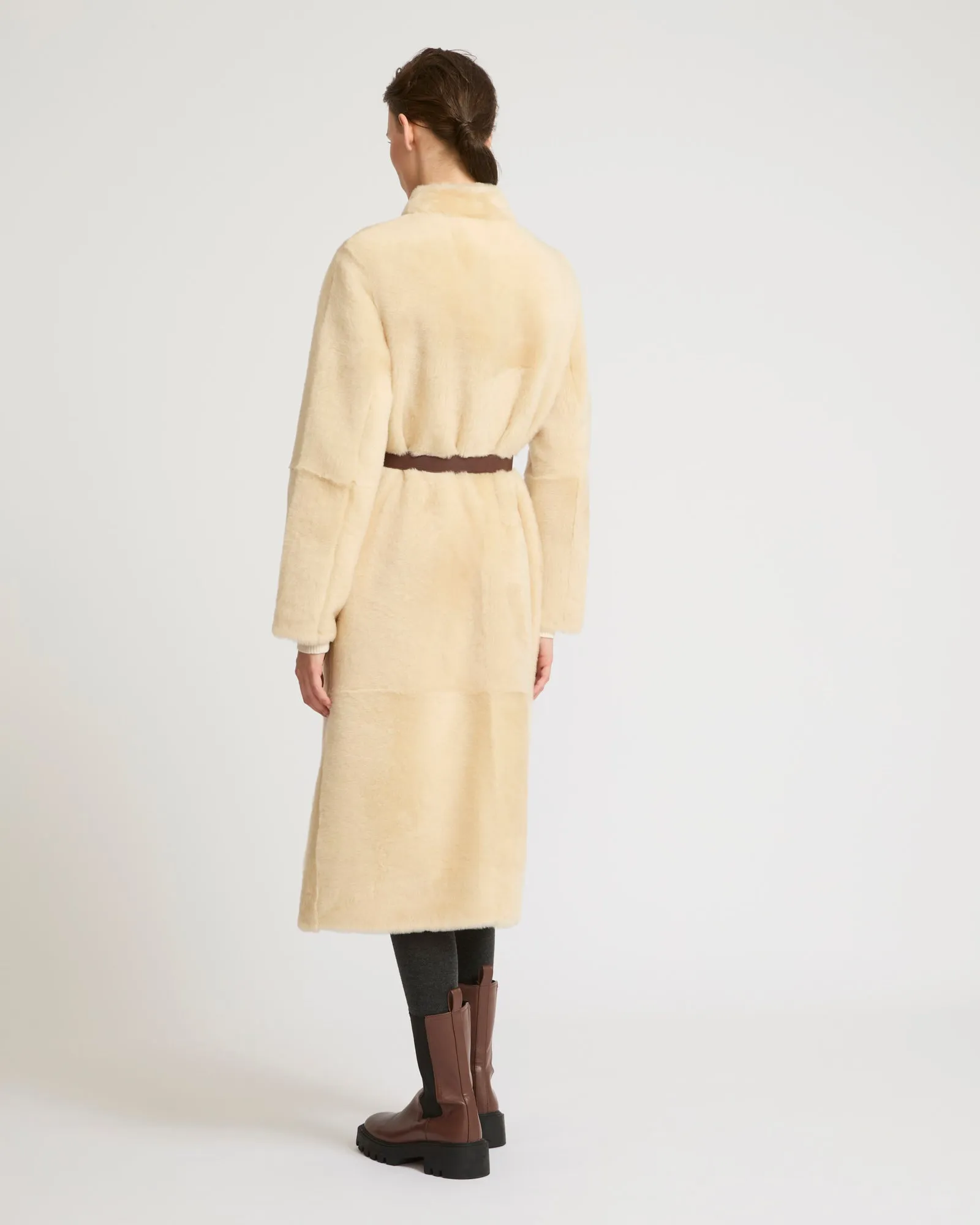 Straight belted shearling coat