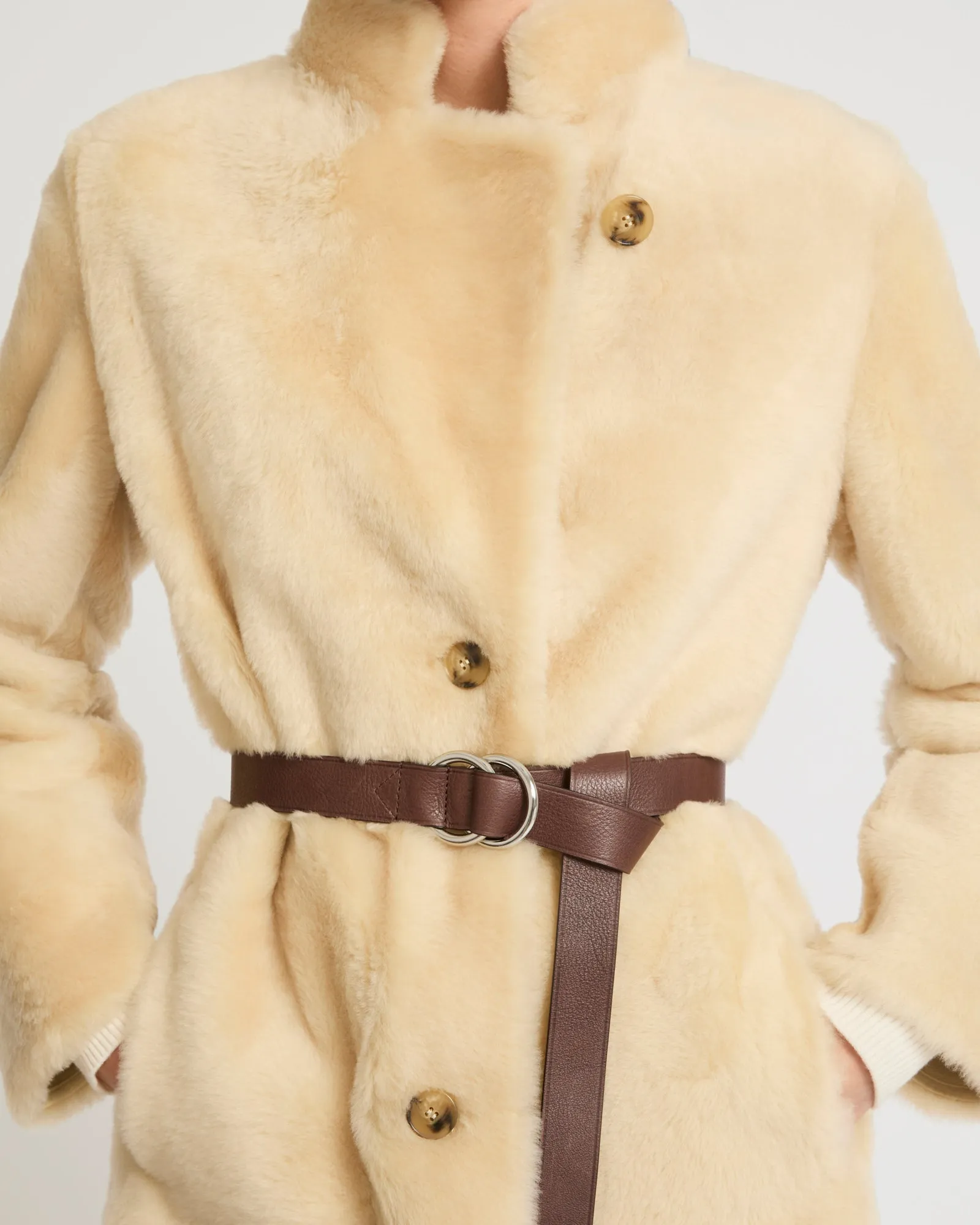 Straight belted shearling coat