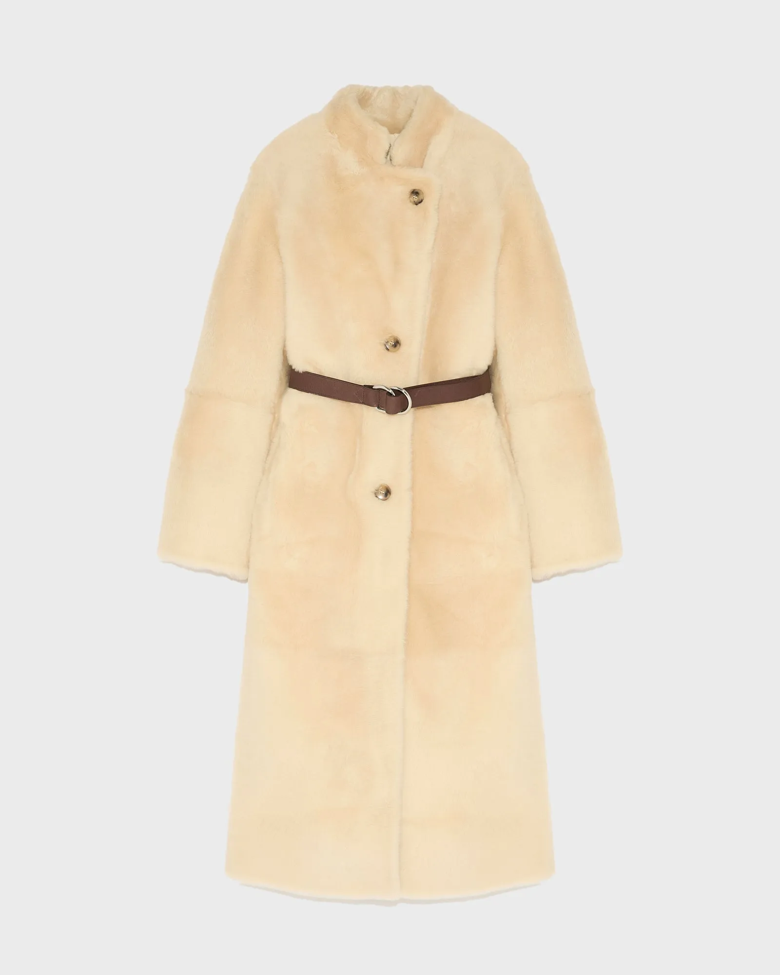 Straight belted shearling coat