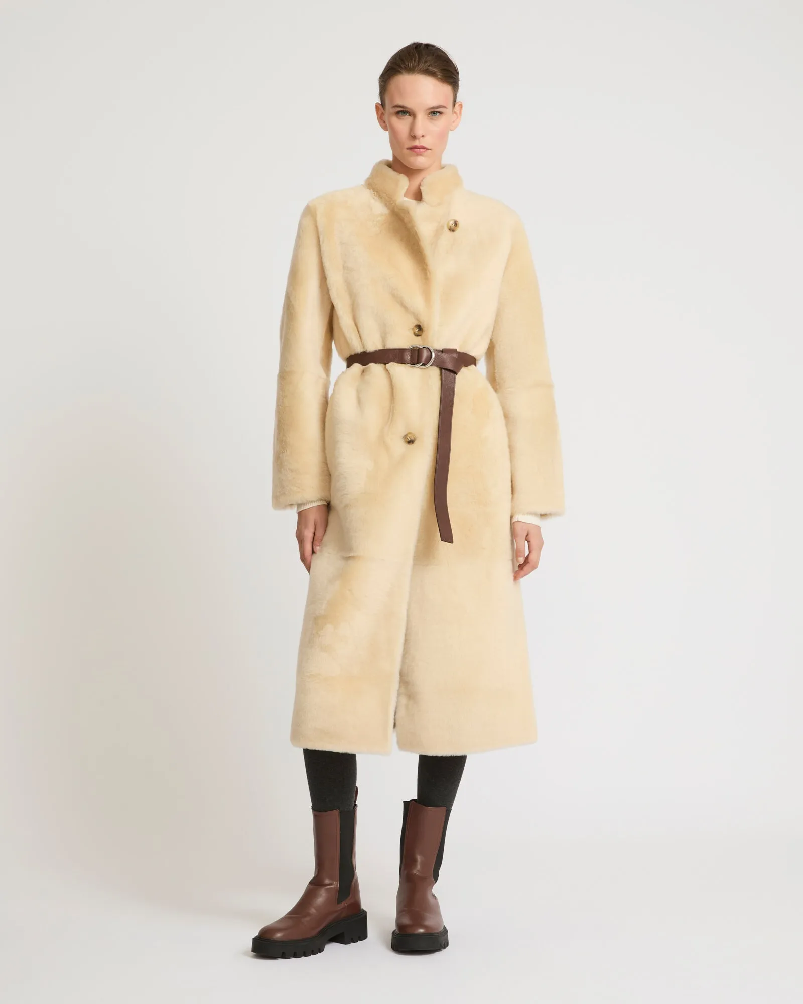 Straight belted shearling coat