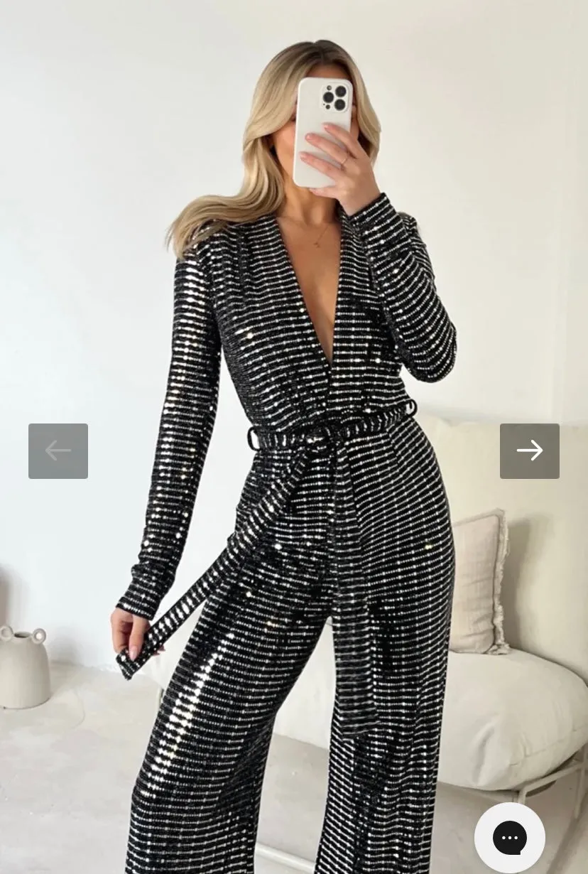 TARA SILVER SEQUIN JUMPSUIT